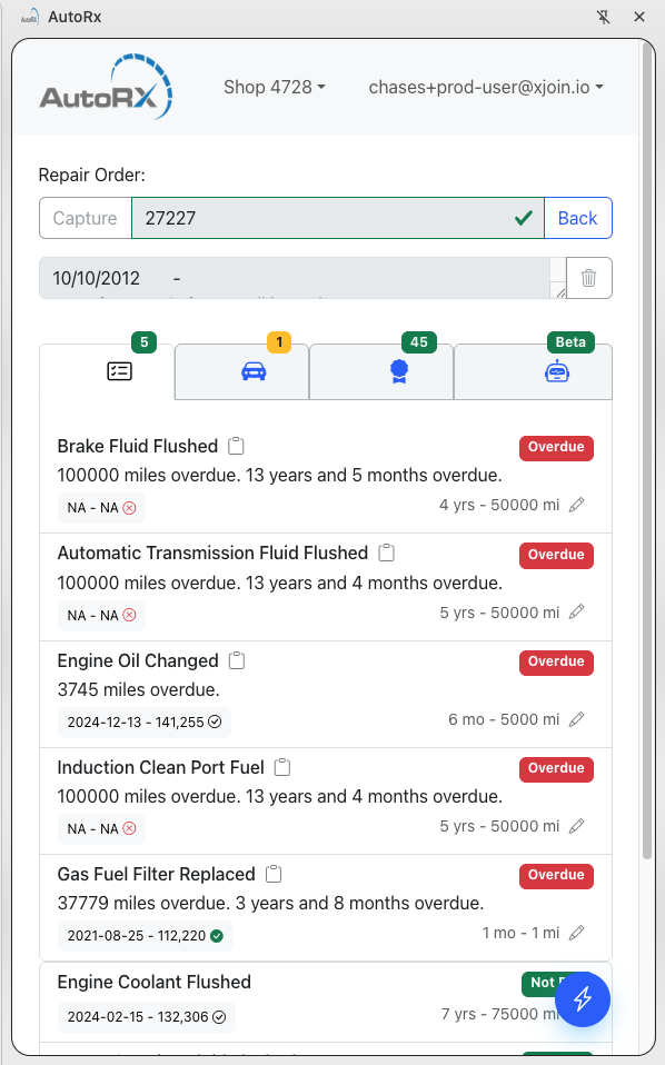 AutoRx Chrome extension panel